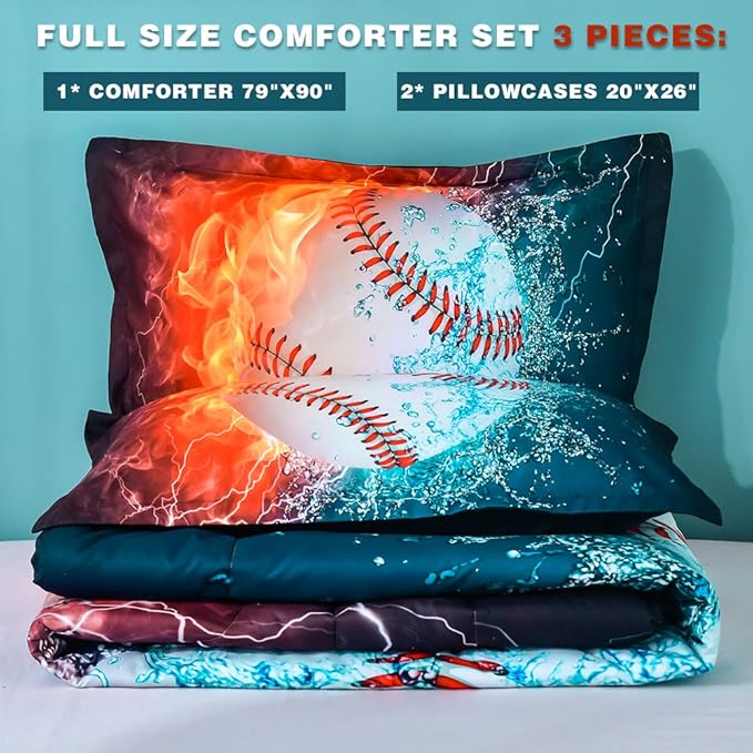 Andency Baseball Comforter Full (79x90 Inch), 3 Pieces(1 Baseball Comforter, 2 Pillowcases) 3D Microfiber Sport Baseball Comforter Set for Boy Kids Teens - LeafyLoom