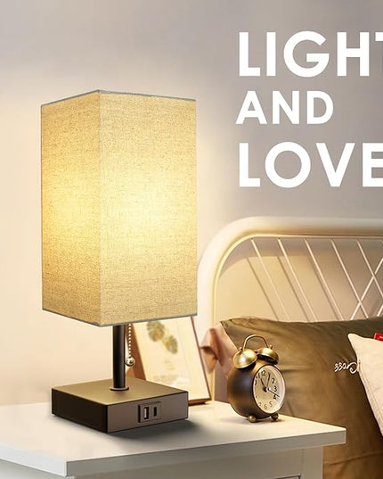 Bedside Lamp for Bedroom with USB Port, Beige Table Lmp with USB C + A Charging Ports, Pull Chain Nightstand Lamp with Fabric Shade for Living Room, Dorm, Home Office (LED Bulb Included) - LeafyLoom