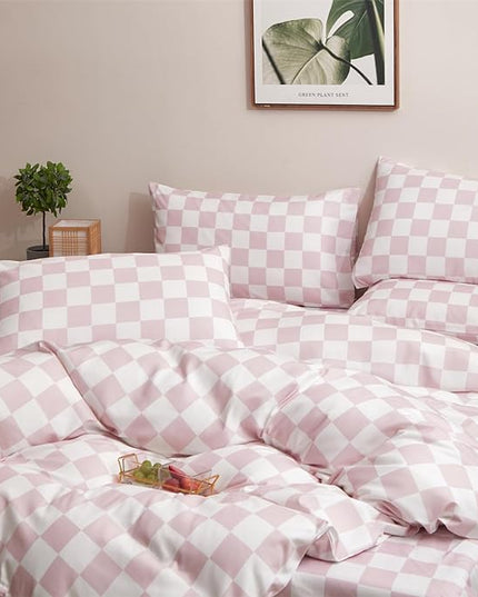 Wellboo Pink White Plaid Comforter Sets King Women Men Bean Pink and White Checkerboard Grid Bedding Comforters Cotton Boys Girls Modern Dusty Pink Checkered Geometric Quilts Luxury Abstract Bed - LeafyLoom