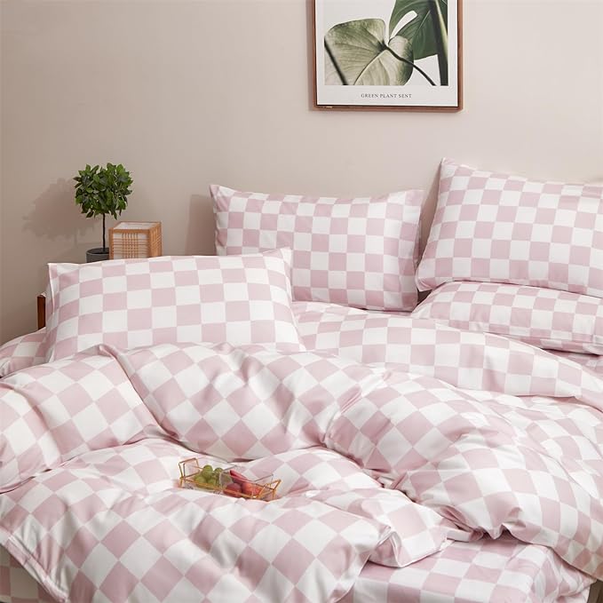 Wellboo Pink White Plaid Comforter Sets California King Women Men Bean Pink and White Checkerboard Grid Bedding Comforters Cal King Cotton Boys Girls Modern Dusty Pink Checkered Geometric Quilts - LeafyLoom
