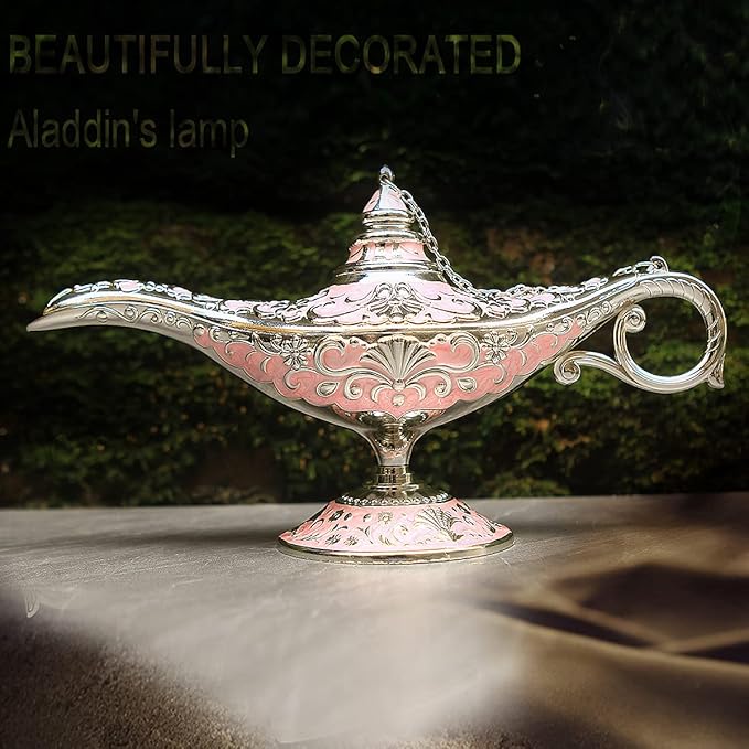 Legend Aladdin Lamp Magic Genie Wishing Light, Classic Arabian Nights Costume Props Lamp Table Decor for Home Wedding Party Halloween Birthday Beautiful Gift Toy for Women Girl (Pink & Silver) - LeafyLoom