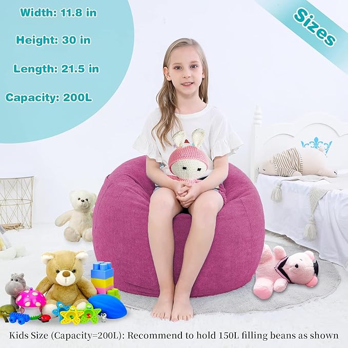 Stuffed Animal Storage Bean Bag Chair Cover (No Filler) for Kids and Adults.Soft Premium Corduroy Stuffable Beanbag for Organizing Children Plush Toys or Memory Foam Small 100L (RoseRed) - LeafyLoom