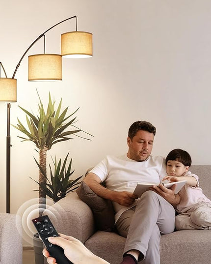 OUTON Floor Lamp with Remote Control, Modern Bright Lamps for Living Room, Adjustable 3-Light Tall Arched Lamp for Bedroom, Office, 2400lm Mid Century Design with Hanging Shade - LeafyLoom