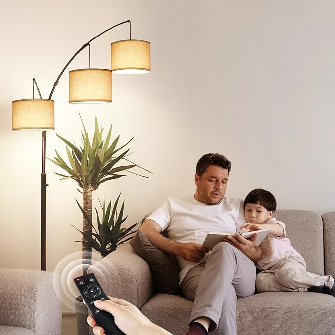 OUTON Floor Lamp with Remote Control, Modern Bright Lamps for Living Room, Adjustable 3-Light Tall Arched Lamp for Bedroom, Office, 2400lm Mid Century Design with Hanging Shade - LeafyLoom