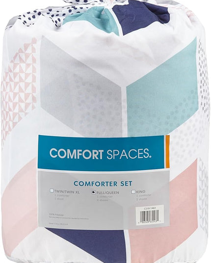Comfort Spaces Kylar Cozy Comforter Set, Vibrant Chevron Ruching Design with Solid Reverse, All Season Down Alternative Bedding with Matching Sham, Full/Queen (88 in x 92 in), Multi/Blush 3 Piece - LeafyLoom