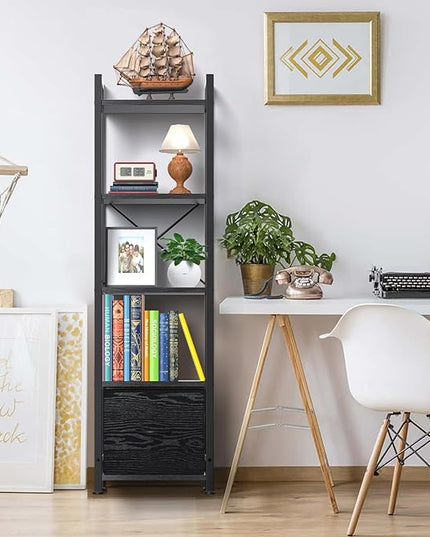 Narrow-Bookshelf-With-Storage-Drawer, 5-Tier Small Standing Book Shelf Organizer For Small Space, Tall Thin Bookcase Shelf For Bedroom Living Room Office, Wooden Shelving Unit Rack For Display - LeafyLoom