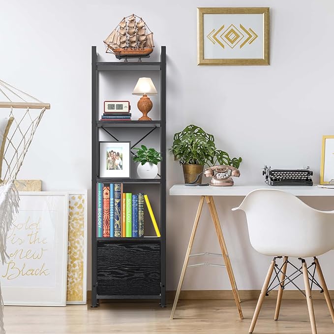 Narrow-Bookshelf-With-Storage-Drawer, 5-Tier Small Standing Book Shelf Organizer For Small Space, Tall Thin Bookcase Shelf For Bedroom Living Room Office, Wooden Shelving Unit Rack For Display - LeafyLoom