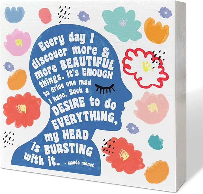 Home Office Desk Wooden Box Sign Decor, I Discover More & More Beautiful Things, Inspirational Quotes Desk Decor Motivational Desk Decorations for Women Girls Teens Student Office Classroom School - LeafyLoom