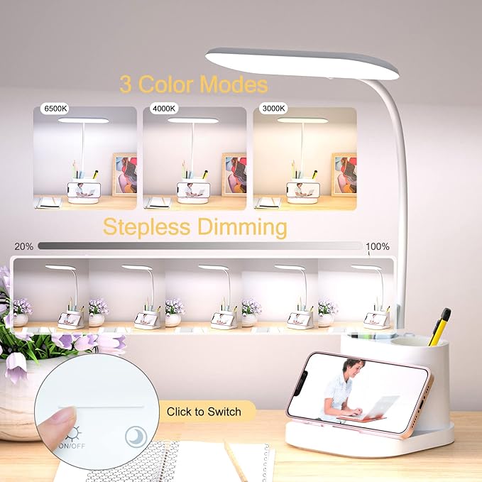 YOUKOYI LED Desk Lamps for Home Office, Rechargeable Battery Operated Desk Lamp with Touch Control, Stepless Dimming, 3 Color Modes, Pen Holder and Night Light- Gooseneck Desk light for Study, Reading - LeafyLoom