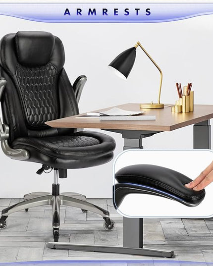 COLAMY Office Chair-Ergonomic Computer Desk Chair with Thick Seat for Comfort, High Back Executive Chair with Padded Flip-up Arms, Stylish Leather Chair with Upgraded Caster for Swivel (Black, 300lbs) - LeafyLoom
