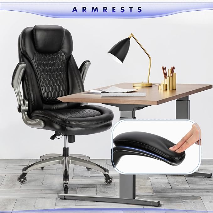 COLAMY Office Chair-Ergonomic Computer Desk Chair with Thick Seat for Comfort, High Back Executive Chair with Padded Flip-up Arms, Stylish Leather Chair with Upgraded Caster for Swivel (Black, 300lbs) - LeafyLoom