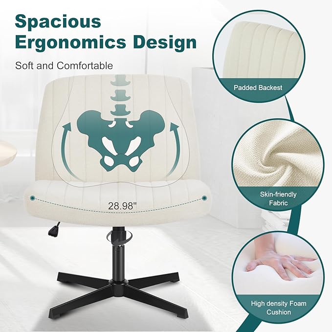 OLIXIS Cross Legged Armless Wide Adjustable Swivel Padded Home Office Desk Chair, White - LeafyLoom