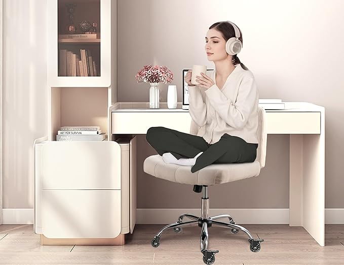 Criss Cross Chair with Wheels, Comfy Fabric Cross Legged Office Chair for Adult, Armless Wide Seat Desk Chair with Lumbar Pillow,Swivel Vanity Chair for Home Office, Conference (Beige) - LeafyLoom