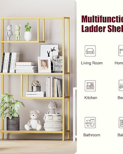 HOME BI Geometric Bookshelf, Tall Modern Etagere Bookcase, Industrial Metal Book Shelf with 5 Open Display Shelves for Office Living Room, Gold and White - LeafyLoom
