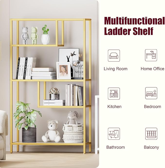 HOME BI Geometric Bookshelf, Tall Modern Etagere Bookcase, Industrial Metal Book Shelf with 5 Open Display Shelves for Office Living Room, Gold and White - LeafyLoom