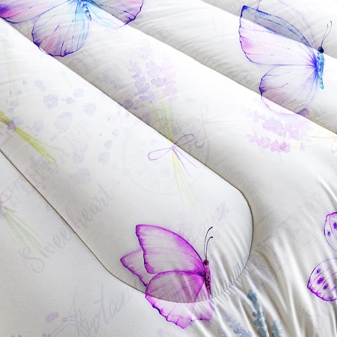 Purple Butterfly Comforter Set Queen Size for Girls Kids Adults Lavender Flowers Pattern Bedding Set Aesthetics Butterflies Quilt Bed Set with 1 Comforter and 2 Pillowcases - LeafyLoom