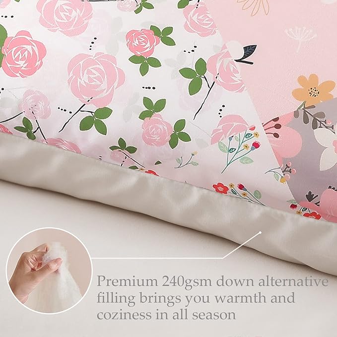 Whale Flotilla Queen Full Comforter Set, Soft Reversible Pink Bedding Comforter Set with Boho Pattern, 1 Micoriber Patchwork Comforter and 2 Pillow Shams, 3 Pieces - LeafyLoom