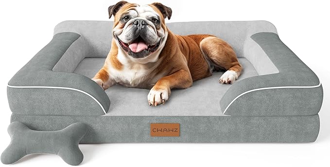 Dog Beds for Large Dogs, Orthopedic Dog Bed with Cooling Gel Memory Foam, Waterproof Large Dog Bed with Removable Washable Cover, 36" Dog Sofa Couch Dutch Velvet with Bone Toy, Light Gray LeafyLoom