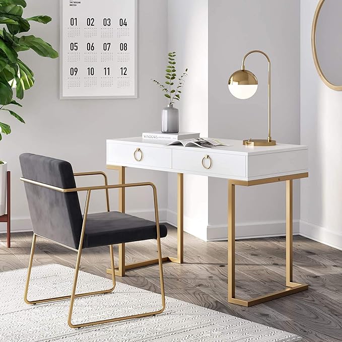 Nathan James Leighton Two-Drawer Writing Glam Accents Brass, Home Office Computer Desk or Vanity Table, 2, White/Gold, Small - LeafyLoom