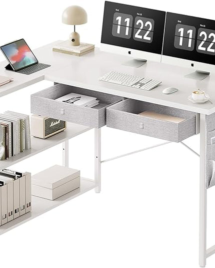 Ｍａｉｈａｉｌ Home Office Desk with Drawers and Shelves, 47” Computer Corner Desk for Small Space, Small L Shaped Desk with Side Storage for Bedroom, White - LeafyLoom