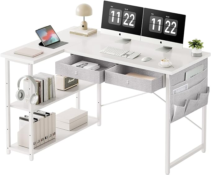 Ｍａｉｈａｉｌ Home Office Desk with Drawers and Shelves, 47” Computer Corner Desk for Small Space, Small L Shaped Desk with Side Storage for Bedroom, White - LeafyLoom