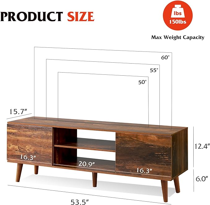 WLIVE TV Stand for 55 60 inch TV, Mid Century Modern TV Console, Entertainment Center with Storage for Living Room, Retro Brown - LeafyLoom