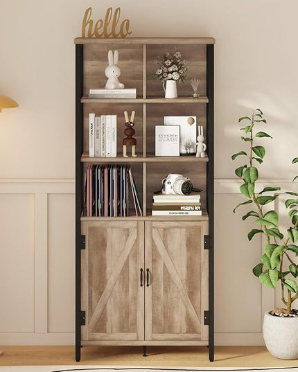 FATORRI Bookshelf with Doors, Rustic Tall Bookshelf with Cabinet, Industrial Farmhouse Book Shelf and Cube Organizer Bookcase for Living Room (Rustic Oak) - LeafyLoom
