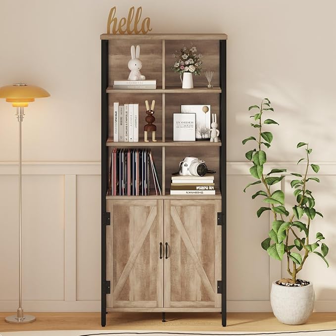 FATORRI Bookshelf with Doors, Rustic Tall Bookshelf with Cabinet, Industrial Farmhouse Book Shelf and Cube Organizer Bookcase for Living Room (Rustic Oak) - LeafyLoom