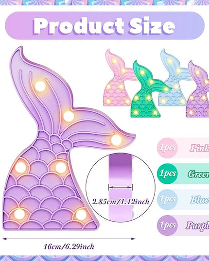 4 Pcs Cute Mermaid Tail Night Light Mermaid Party Supplies Birthday Party Decor Mermaid Lamp Battery Operated LED Light for Table Wall Bedrooms Living Room for Girl Boy Kid Gifts, 4 Colors - LeafyLoom