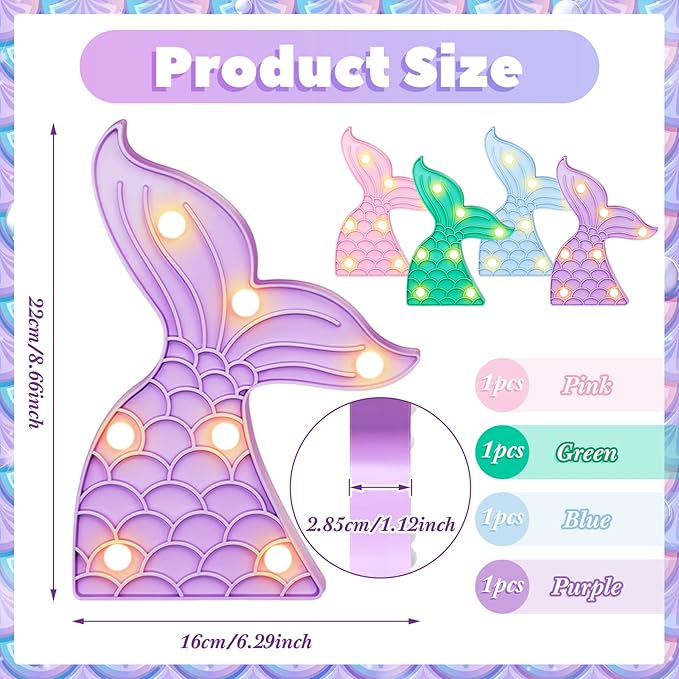 4 Pcs Cute Mermaid Tail Night Light Mermaid Party Supplies Birthday Party Decor Mermaid Lamp Battery Operated LED Light for Table Wall Bedrooms Living Room for Girl Boy Kid Gifts, 4 Colors - LeafyLoom