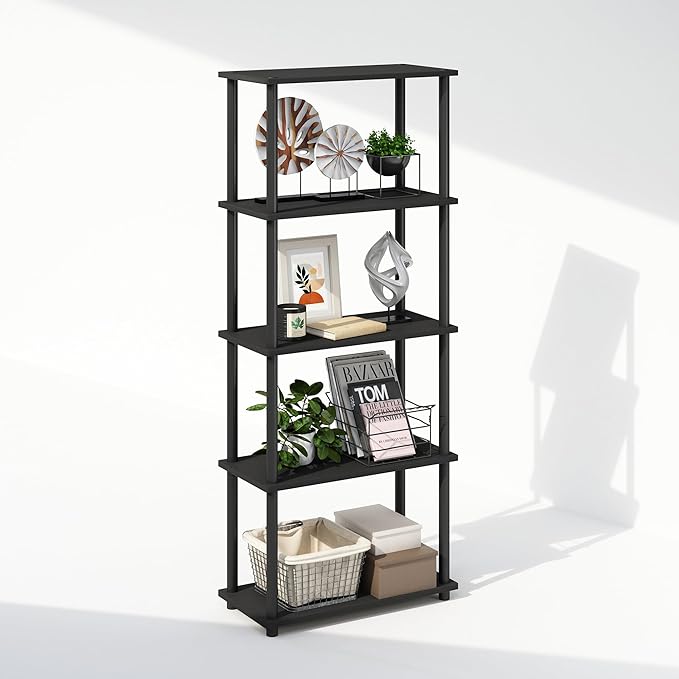 Furinno Turn-N-Tube 5-Tier Multipurpose Compact Display Rack, Shelving Unit, Bookcase, Americano/Black - LeafyLoom