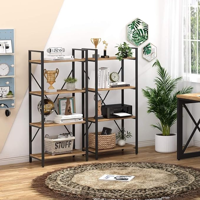 BON AUGURE Industrial 4 Tier Bookshelf, Modern Open Shelving Unit Book Shelves, Heavy Duty Etagere Bookcase, Wood Metal 4 Shelf Book Case for Office, Living Room and Bedroom (Vintage Oak) - LeafyLoom