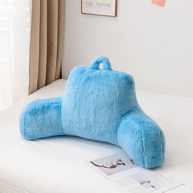 A Nice Night Faux Fur Reading Pillow Bed Wedge Large Adult Children Backrest with Arms Back Support for Sitting Up in Bed/Couch for Bedrest,BabyBlue - LeafyLoom