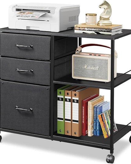 DEVAISE 3 Drawer Mobile File Cabinet, Rolling Printer Stand with Open Storage Shelf, Fabric Lateral Filing Cabinet fits A4 or Letter Size for Home Office, Black - LeafyLoom
