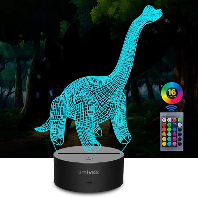 Dinosaur 3D Night Light for Kids 16 Colors Changing 3D Optical Illusion Lamp with Smart Touch & Remote Control, Best Gift for Girls Boys Kids (Dino-Brachiosaurus) - LeafyLoom