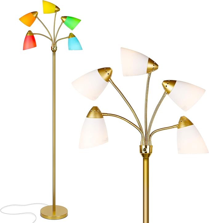 Brightech Medusa LED Floor Lamp – Multi-Head Dimmable Floor Lamp for Living Rooms & Offices – Tall Lamp with Interchangeable Shades, Adjustable Standing Lamp for Bedroom Reading – Brass/Gold - LeafyLoom