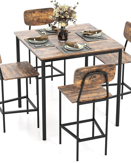 GOFLAME 5-Piece Dining Table Set for Small Space, Kitchen Table and Chairs Set for 4 with Steel Frame, Square Breakfast Table Set, Industrial Counter Height Table Set for Home Restaurant, Rustic Brown - LeafyLoom