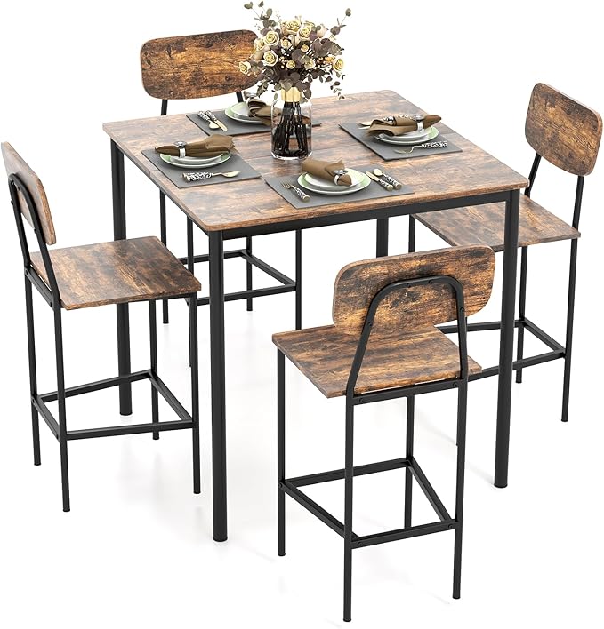 GOFLAME 5-Piece Dining Table Set for Small Space, Kitchen Table and Chairs Set for 4 with Steel Frame, Square Breakfast Table Set, Industrial Counter Height Table Set for Home Restaurant, Rustic Brown - LeafyLoom