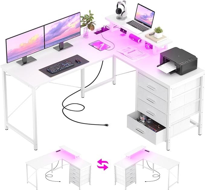 Homieasy L Shaped Desk with Drawers & Power Outlets, Reversible Computer Desk with LED Light and Monitor Stand, 50 Inch Home Office Gaming Work Study Desk with 4 Storage Drawers, White - LeafyLoom