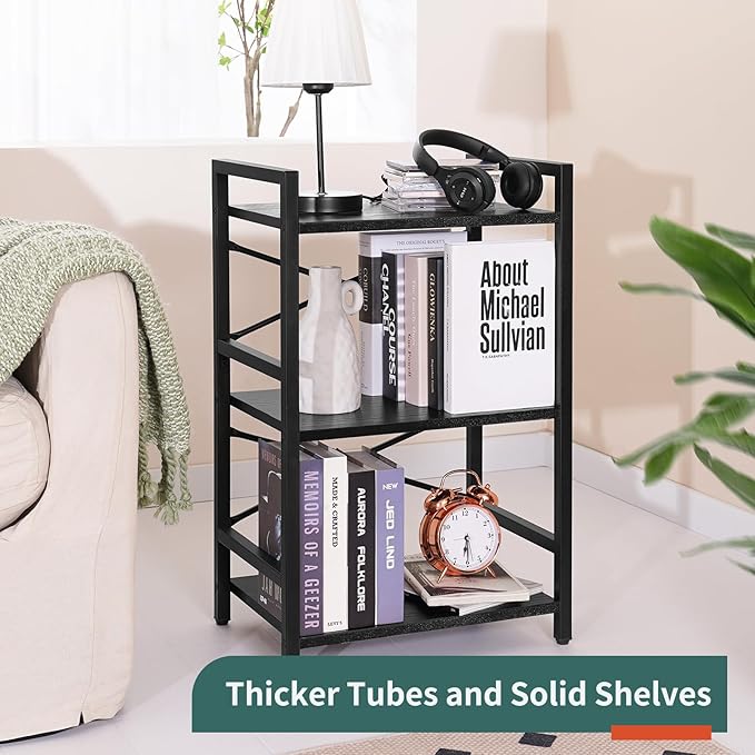 Yoobure Bookshelf Small Book Shelf, Solid Industrial 3 Tier Shelf Bookcase, Short Book Case for Bedroom, Living Room, Office Home, Small Spaces, Black - LeafyLoom