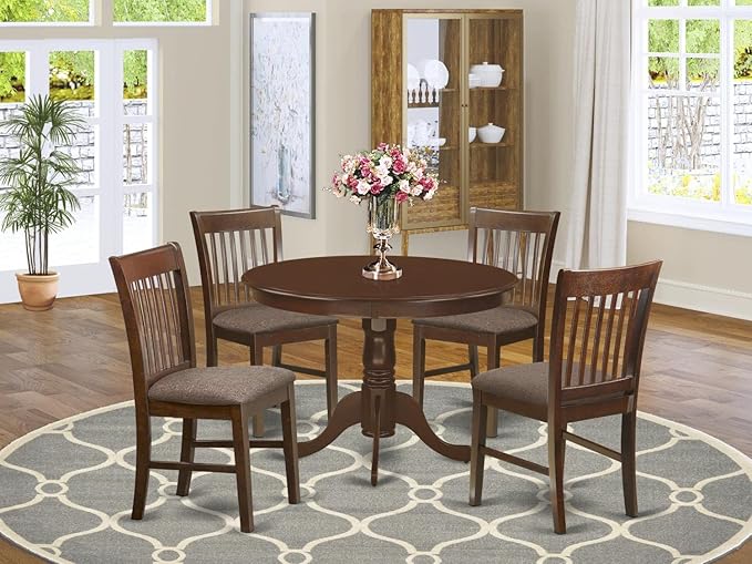 East West Furniture HLNO5-MAH-C 5 Piece Kitchen Table & Chairs Set Includes a Round Dining Room Table with Pedestal and 4 Linen Fabric Upholstered Dining Chairs, 42x42 Inch, Mahogany - LeafyLoom