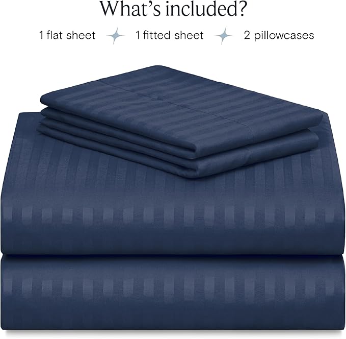 LuxClub Striped Sheets, 4 PC Striped Bed Sheets Twin Size, Deep Pockets 18" Eco Friendly Wrinkle Free-Kids-Fitted Sheets Machine Washable Hotel Bedding (Twin, Navy) - LeafyLoom