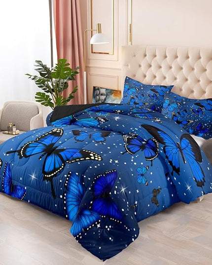 Blue Butterfly Comforter, Butterfly Bedding Set for Girls, Blue Butterflies with Sparkle Stars Prints Comforter Set for Women Girls Butterfly Bedding Full Size Quilt Set, 1 Comforter + 2 Pillowcases - LeafyLoom