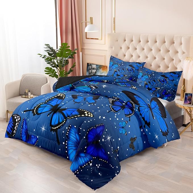 Blue Butterfly Comforter, Butterfly Bedding Set for Girls, Blue Butterflies with Sparkle Stars Prints Comforter Set for Women Girls Butterfly Bedding Full Size Quilt Set, 1 Comforter + 2 Pillowcases - LeafyLoom