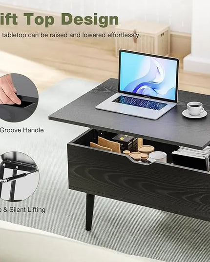 OLIXIS Modern Lift Top Coffee Table Wooden Furniture with Storage Shelf and Hidden Compartment for Living Room Office, Black - LeafyLoom