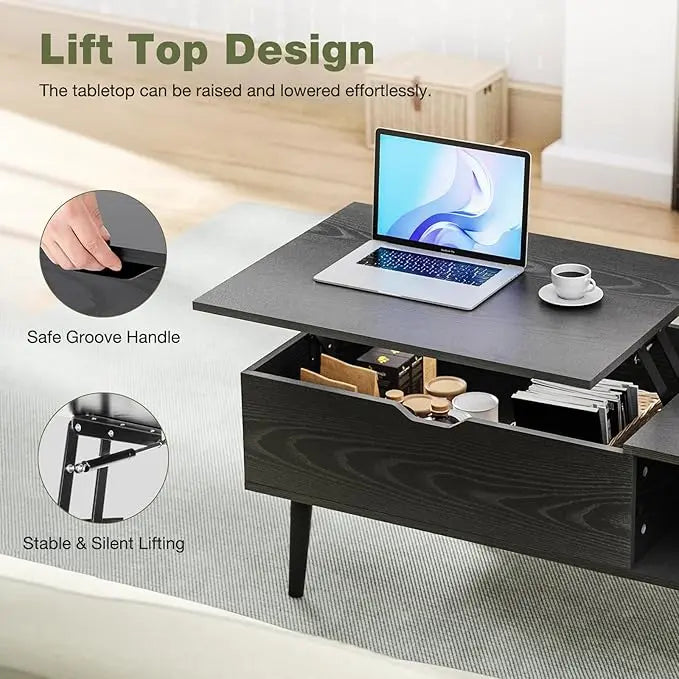 OLIXIS Modern Lift Top Coffee Table Wooden Furniture with Storage Shelf and Hidden Compartment for Living Room Office, Black - LeafyLoom