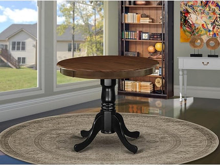 East West Furniture Antique Dining Round Wooden Table Top with Pedestal Base, 36x36 Inch, Walnut & Black - LeafyLoom