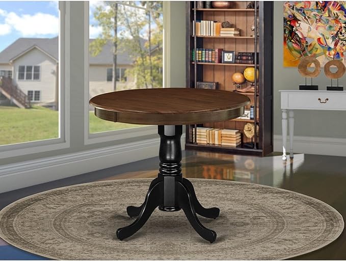 East West Furniture Antique Dining Round Wooden Table Top with Pedestal Base, 36x36 Inch, Walnut & Black - LeafyLoom