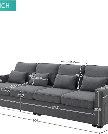 Modern Linen Fabric Sectional Sofa with Armrest Pockets and 4 Pillows, Deep Thick Cushion, Minimalist Upholstered 4-Seat Comfy Couch for Living Room, Apartment, Office, 104inch, Dark Grey - LeafyLoom