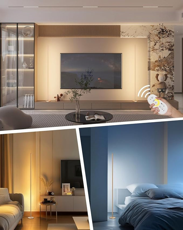 TACAHE Minimalist Corner Floor Lamp - 2700K-6500K Dimmable LED Night Light - Modern Standing Mood Lamp with Remote Control for Living Room, Bedroom - 57" 12W - Gold - 1Pack - LeafyLoom